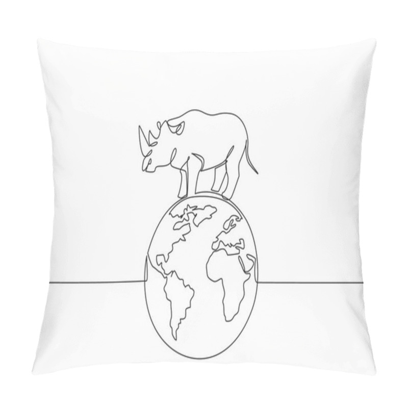 Personality  Single One Line Drawing Globe With Rhinoceros On Top. Pastures Must Remain Green, They Must Not Be Barren. Natural Habitat. Conserve. World Wildlife Day. Continuous Line Design Graphic Illustration Pillow Covers