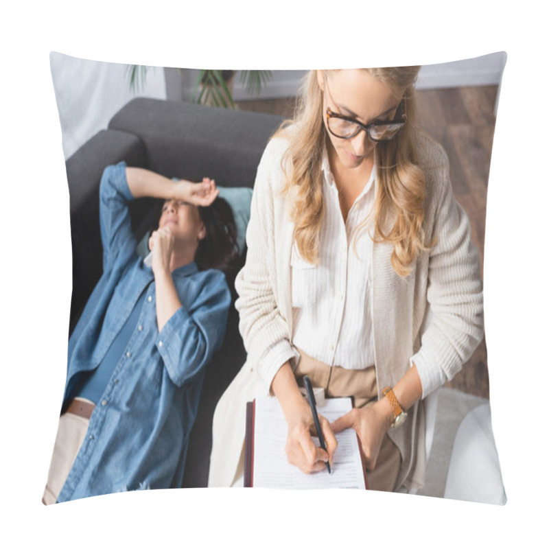 Personality  Blonde Woman Therapist Making Notes In Medical History Of Patient Pillow Covers