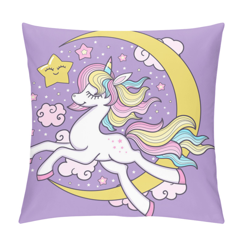 Personality  Cute White Unicorn On The Moon. Childrens Illustration. Vector Pillow Covers