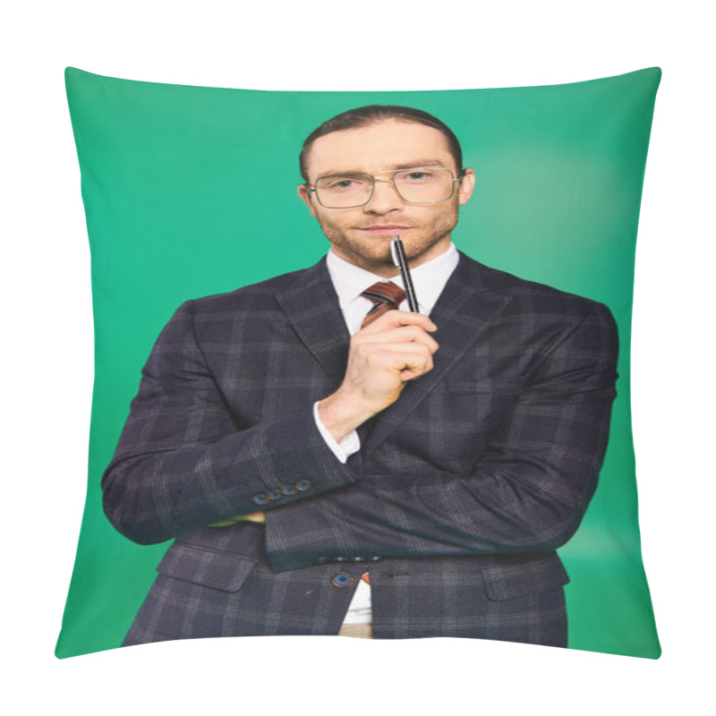 Personality  Handsome Businessman In Chic Suit Posing With Pen On Green Backdrop. Pillow Covers