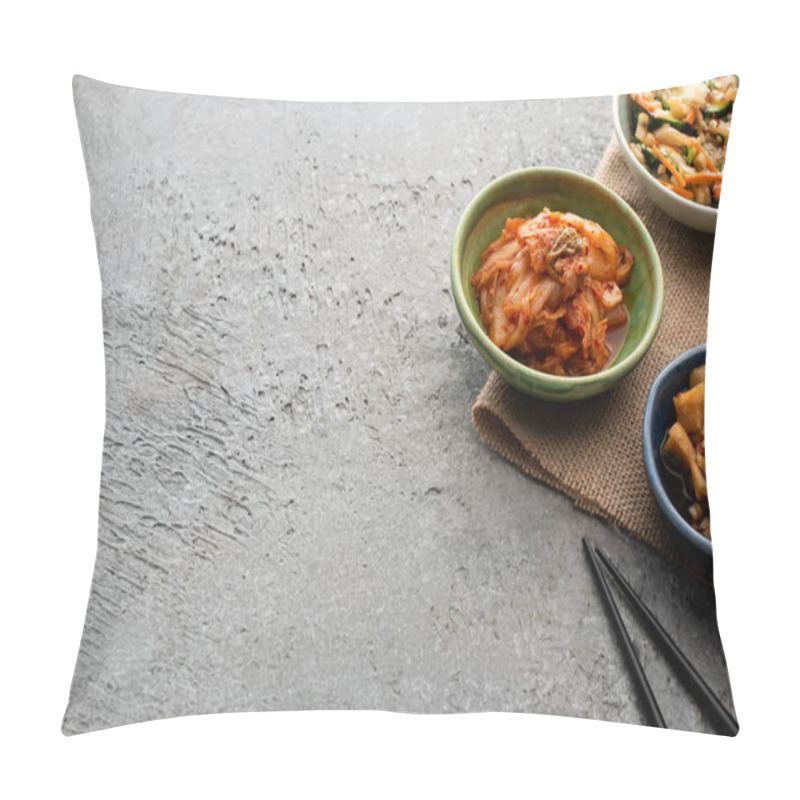 Personality  Bowls With Kimchi On Sackcloth Near Chopsticks On Concrete Surface Pillow Covers