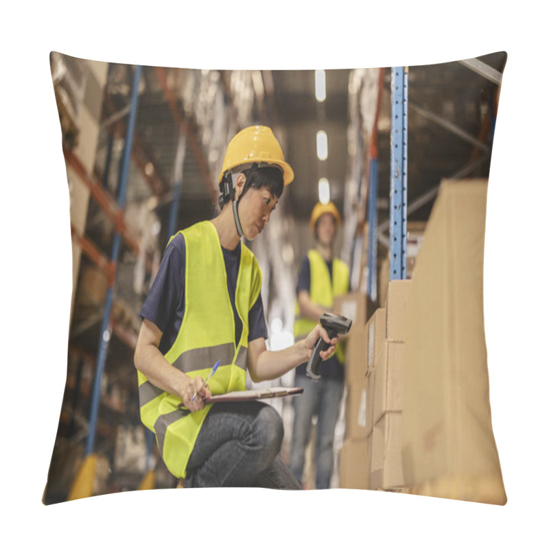 Personality  A Focused Asian Warehouse Worker Scanning Boxes And Taking Inventory With A Clipboard In A Storage Facility. Pillow Covers