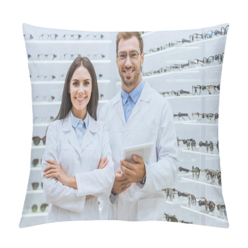 Personality  Two Oculists With Digital Tablet Looking At Camera In Optica Pillow Covers