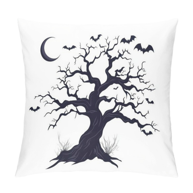 Personality  A Spooky Black Tree With Twisted Branches, Silhouetted Against A Crescent Moon And Flying Bats, Perfect For Halloween. Pillow Covers