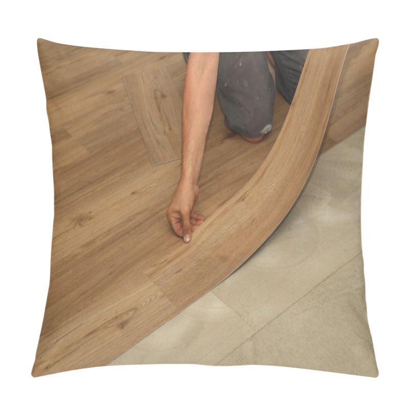 Personality  A Worker Installing New Parquet Vinyl Tiles On Floor Pillow Covers