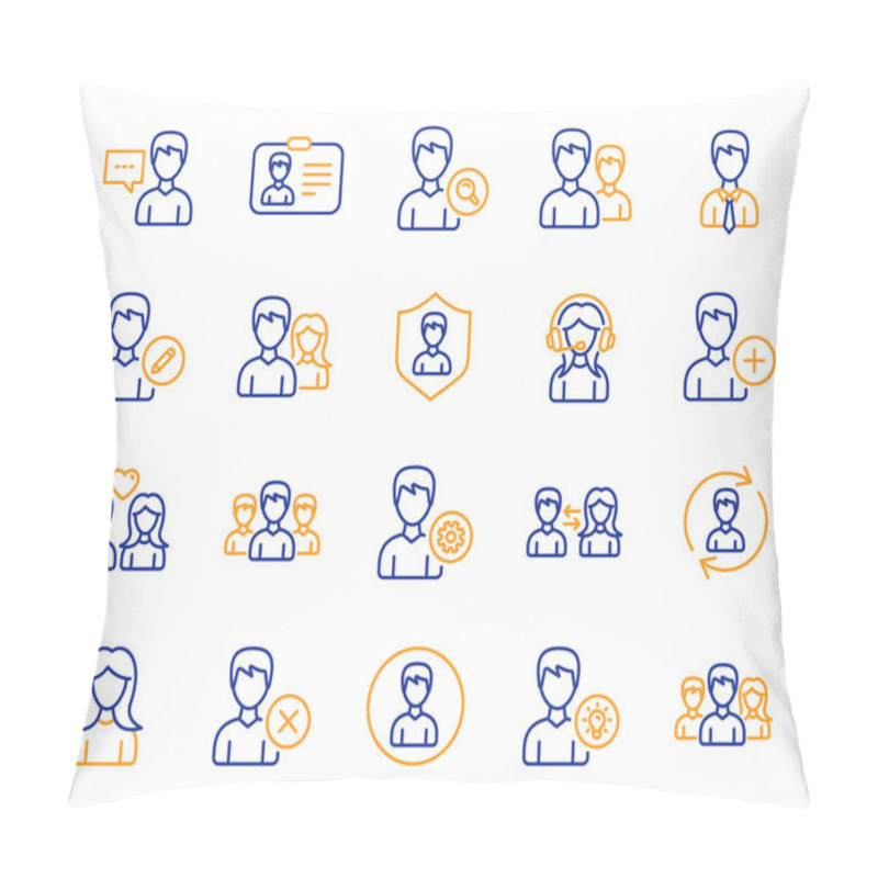 Personality  User People Line Icons. Male And Female Profile, Group And Support Icons. ID Card, Teamwork People And Businessman Symbols. Couple Love, Security Profile And User Management Support. Vector Pillow Covers