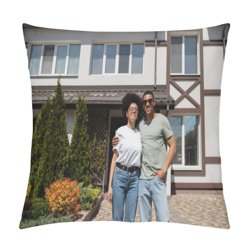 Personality  Positive African American Couple Hugging While Standing Near New House On Background Pillow Covers