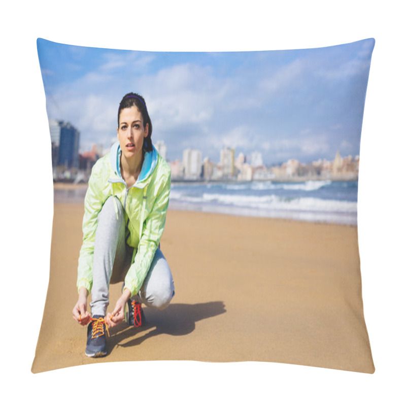 Personality  Fitness Female Runner At City Beach Pillow Covers