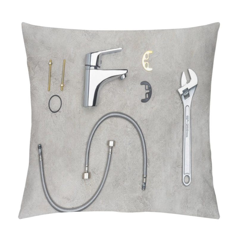 Personality  Top View Of Water Mixer Surrounded With Various Plumbing Pieces And Wrench On Concrete Surface Pillow Covers