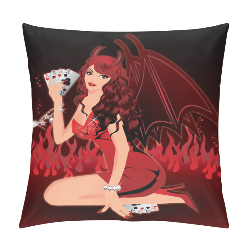 Personality  Beautiful Sexy Devil Woman And Poker Cards, Vector Illustration Pillow Covers