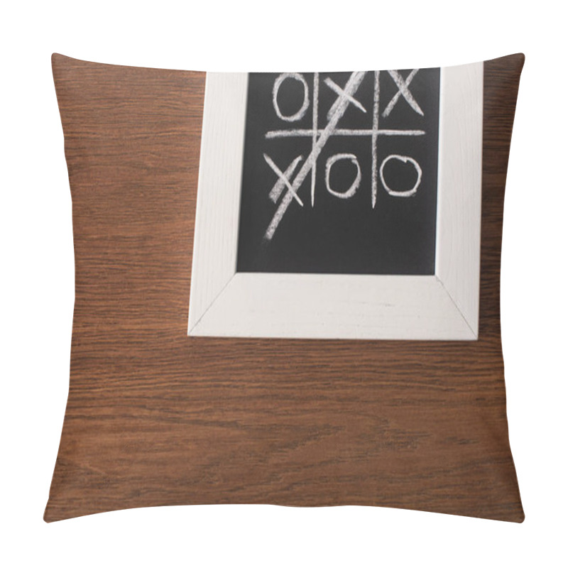 Personality  Top View Of Tic Tac Toe Game On Blackboard With Crossed Out Row Of Crosses On Wooden Surface Pillow Covers