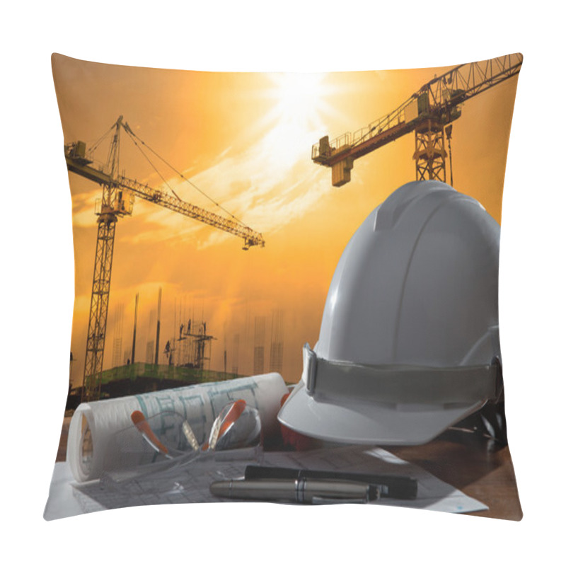 Personality  Safety Helmet And Architect Pland On Wood Table With Sunset Scen Pillow Covers