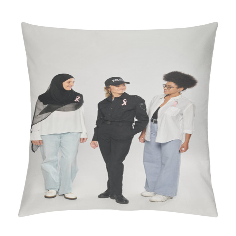 Personality  Smiling Different Multiethnic Women With Pink Ribbons Of Breast Cancer Awareness On Grey Pillow Covers