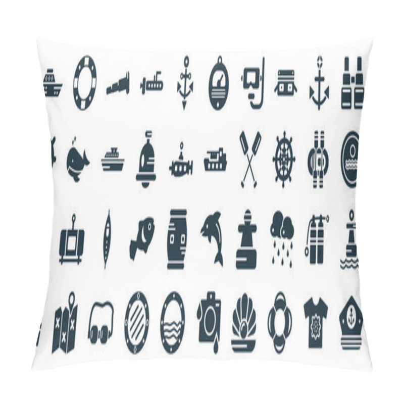 Personality  Set Of 40 Filled Nautical Web Icons In Glyph Style Such As Life Preserver, Helm, Ship Engine Propeller, Ferry Facing Right, Rubber Raft, Binocular, Barometer Icons Isolated On White Background Pillow Covers