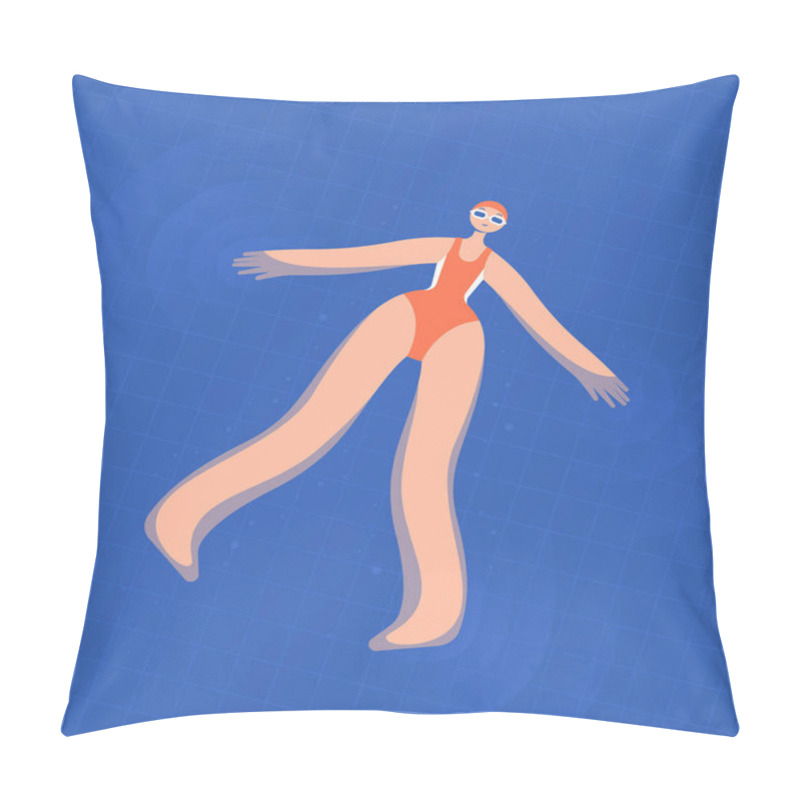 Personality  A Girl Swimmer In An Orange Swimsuit And Swimming Goggles Lies On The Water In The Pool. Flat Bright Vector Illustration. Pillow Covers