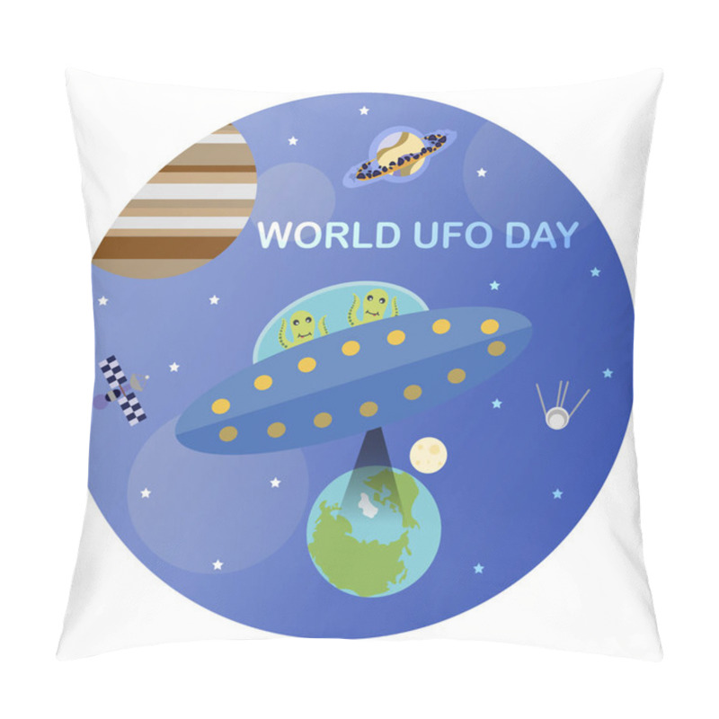 Personality   Image For International UFO Day. A Flat Picture Of A Flying Saucer With Aliens Who Want To Steal Something From The Planet Earth. Pillow Covers