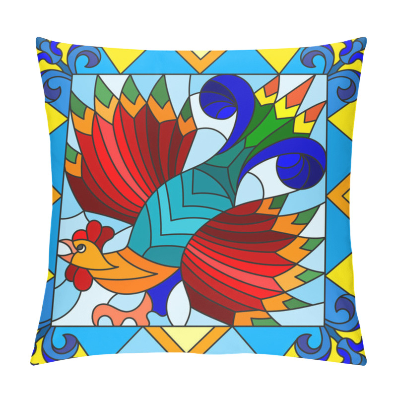 Personality  Illustration Style Stained Glass Stile With Abstract Rooster In A Bright Frame Pillow Covers