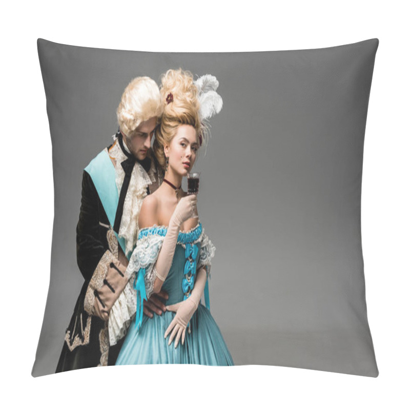 Personality  Handsome Gentleman Looking At Beautiful Victorian Woman With Wine Glass On Grey  Pillow Covers