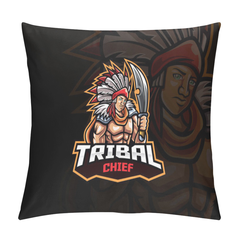 Personality  Tribal Chief Mascot Esport Logo Design. Tribal Warrior Mascot Vector Illustration Logo. Tribal Chief Mascot Design With Weapon, Emblem Design For Esports Team. Vector Illustration Pillow Covers