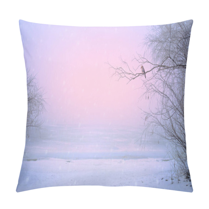 Personality  Winter Landscape: Frozen River Bank Covered With Snow At Sunrise. Panoramic Photo With Pink Reflection Of Light On The Ice Surface. For Winter Postcards, Calendars And Travel Projects Design Pillow Covers