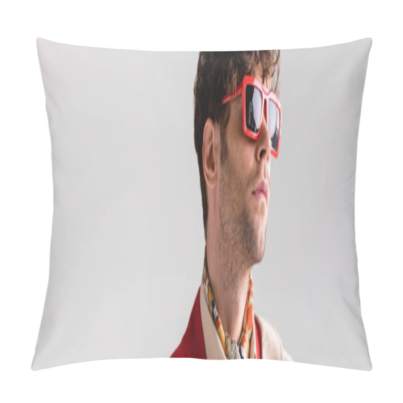 Personality  Panoramic Shot Of Confident, Stylish Man In Sunglasses Looking Away Isolated On Grey Pillow Covers