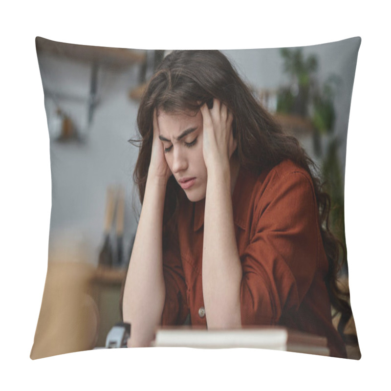 Personality  A Woman Sits At A Wooden Table, Overwhelmed By Feelings Of Depression While Deep In Thought. Pillow Covers