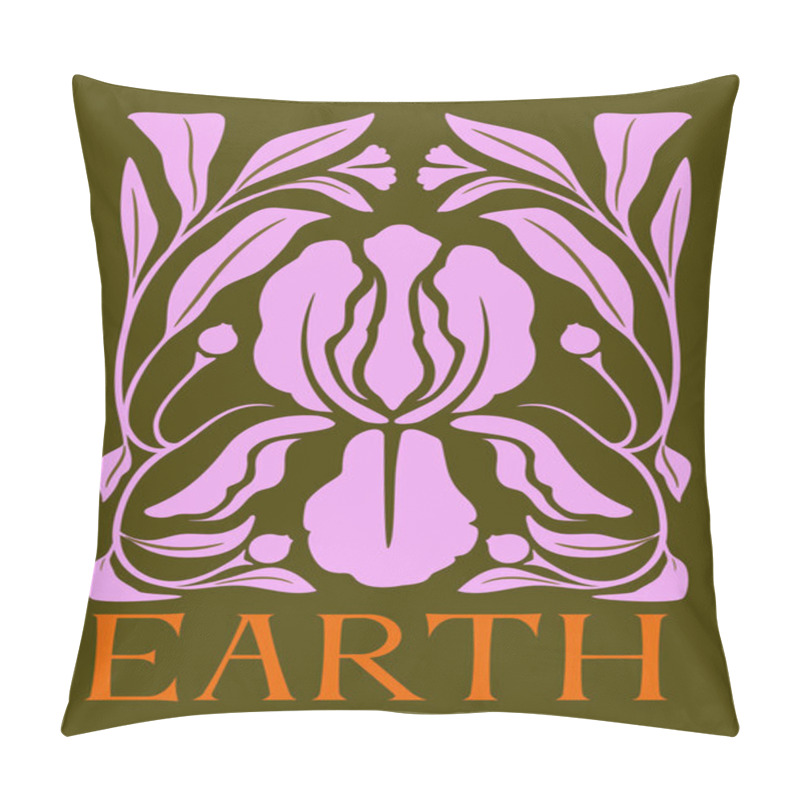 Personality  Pink Botanical Elements Form A Symmetrical, Decorative Pattern On An Earthy Olive Background With EARTH In Bold Orange Lettering. Nature-themed Concept. Vector Illustration Pillow Covers