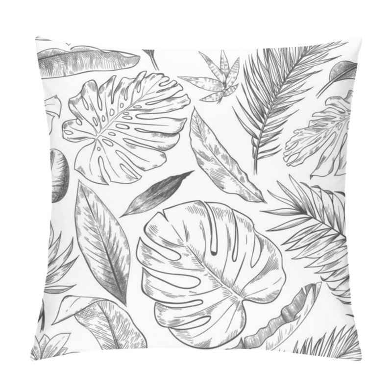 Personality  Hand Drawn Tropical Leaves Pattern. Sketch Drawing Palm Branch, Monstera Leaf And Exotic Forest Plants Leaf Seamless Vector Background Illustration Pillow Covers