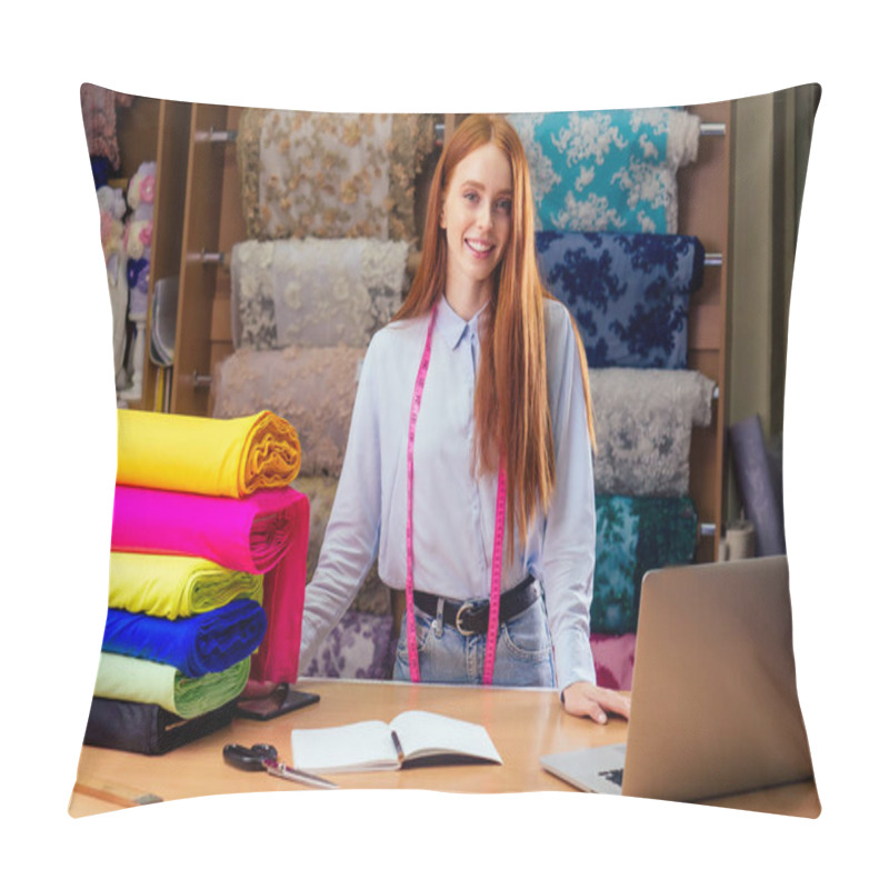 Personality  Redhaired Ginger Dressmaker Woman Sale In Textile Shop Behind Her Background Stock With Bright Sequins Sparkling Fabric Pillow Covers