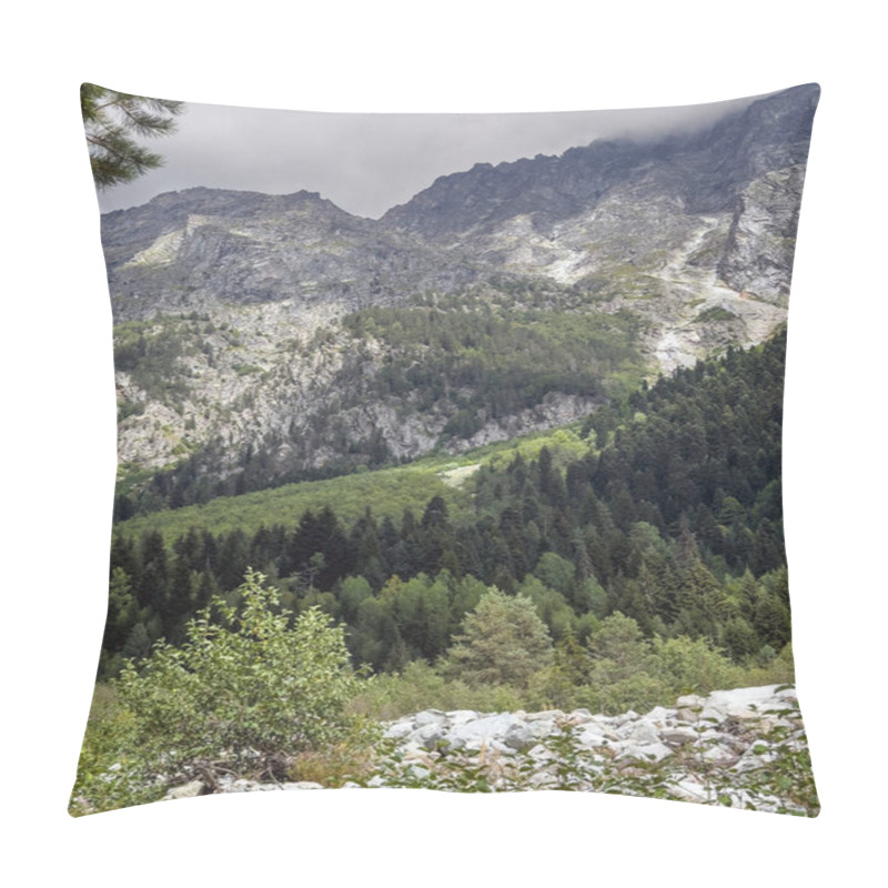 Personality  A Picturesque Mountain Stream Flowing Over Rocks And Boulders, With Dense Forested Hills And Towering Mountains In The Background Under An Overcast Sky. Pillow Covers