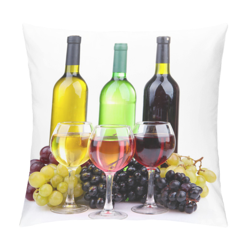 Personality  Bottles And Glasses Of Wine And Assortment Of Grapes, Isolated On White Pillow Covers