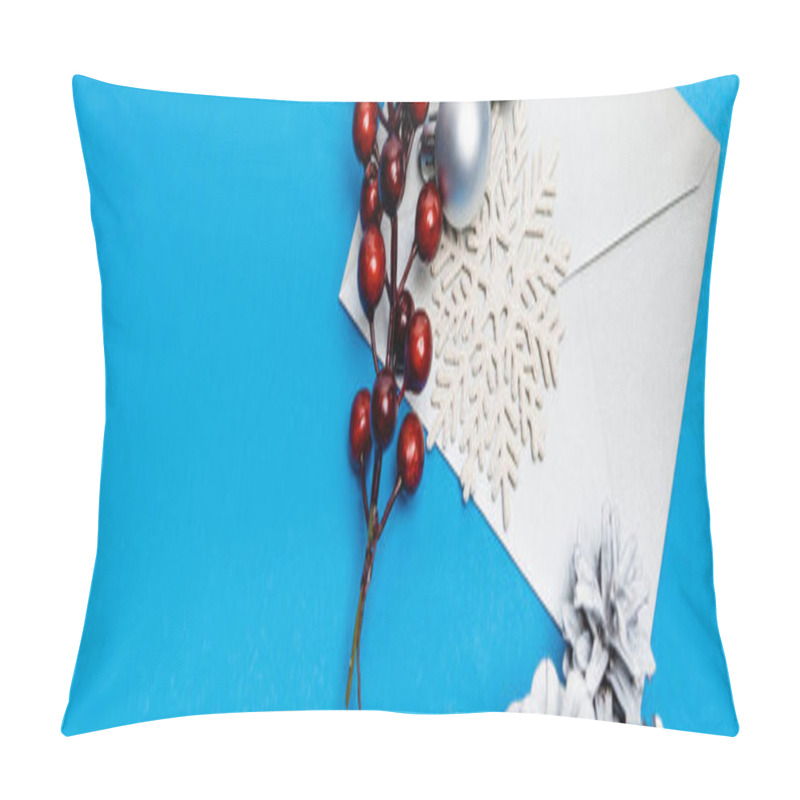 Personality  Top View Of Snowflake, Silver Baubles, Berries And Envelope On Blue Background, Banner Pillow Covers