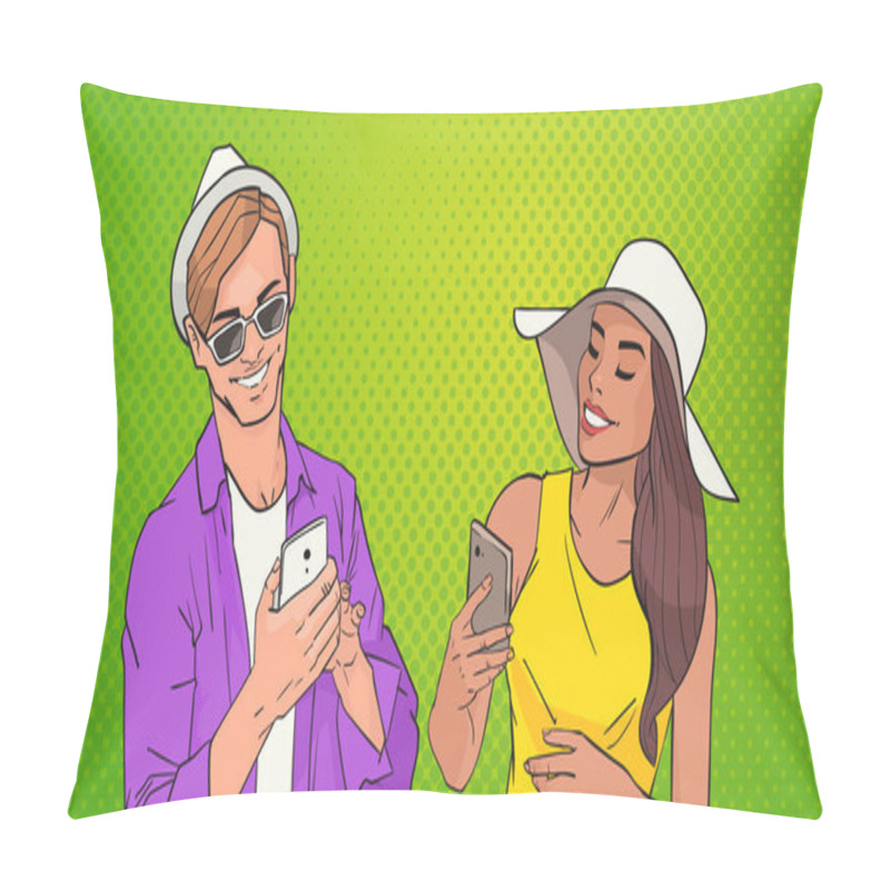 Personality  Young Man And Woman Woman Using Cell Smart Phone Networking Online Over Pop Art Colorful Retro Style Background Pillow Covers