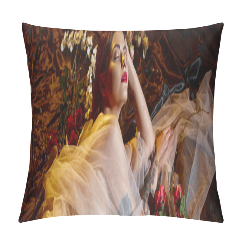 Personality  Banner Of Charming Young Woman In Romantic Transparent Dress Lying Among Flowers, Closed Eyes Pillow Covers