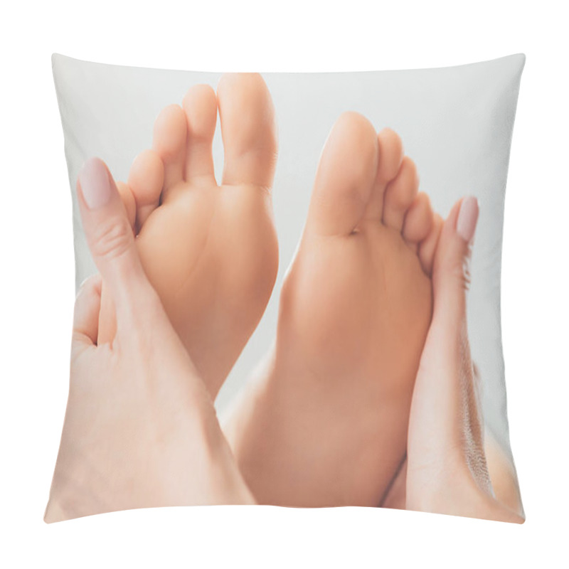 Personality  Cropped View Of Masseur Doing Foot Massage To Adult Woman In Spa Pillow Covers