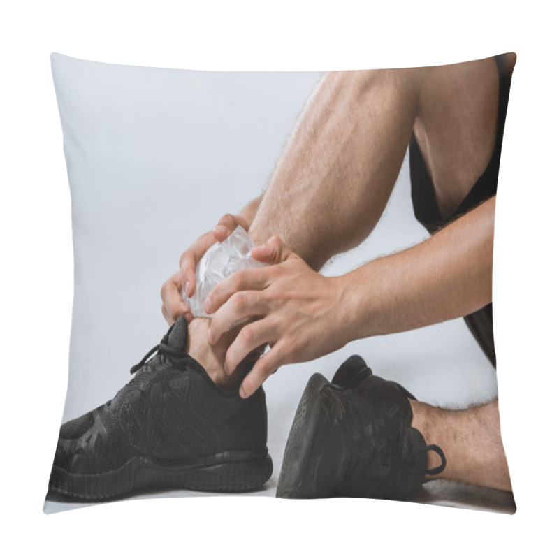 Personality  Partial View Of Sportsman In Black Sneakers Using Ice For Ankle On Grey Pillow Covers