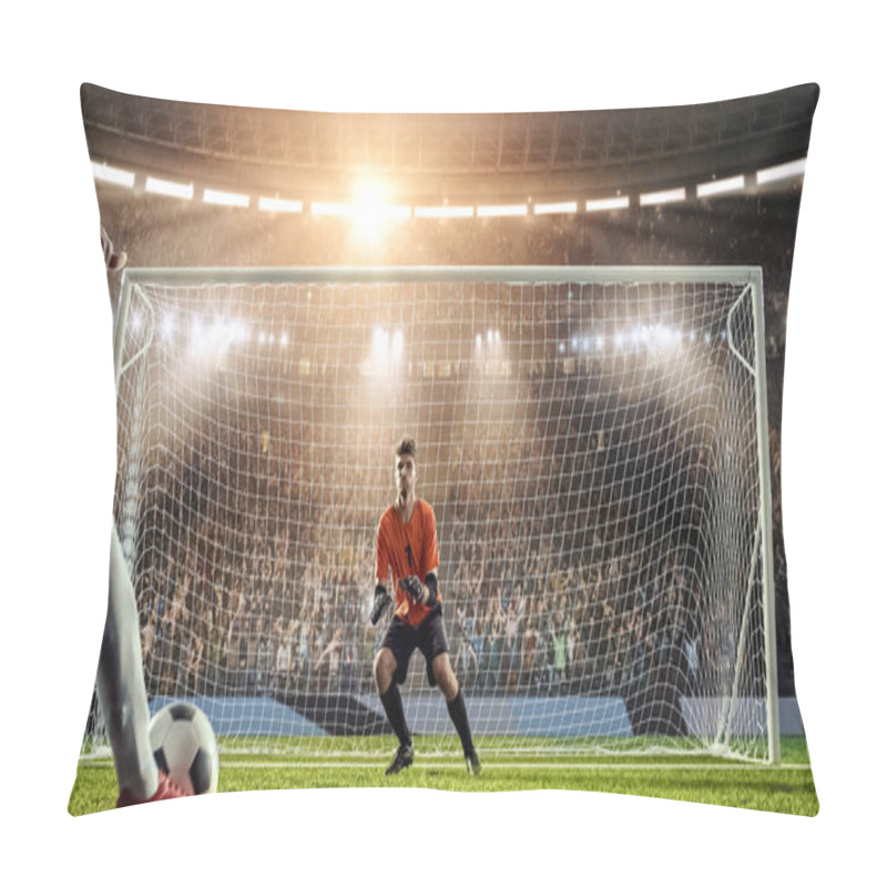 Personality  Soccer Player Is Trying To Score A Goal While Goalkeeper Defends On A Professional Soccer Stadium. Stadium And Crowd Are Made In 3D. Pillow Covers