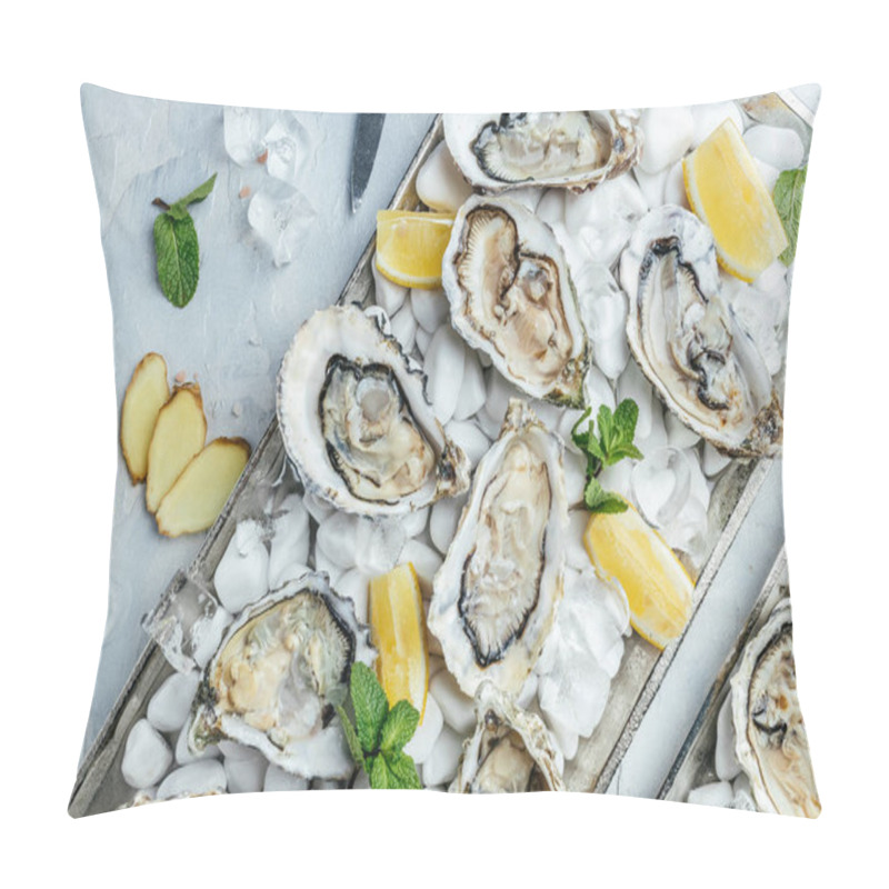 Personality  Fresh Oysters With Lemon And Ice. Restaurant Delicacy. Oysters Dish. Oyster Dinner With Champagne In Restaurant, Banner, Menu, Recipe Place For Text, Top View, Pillow Covers