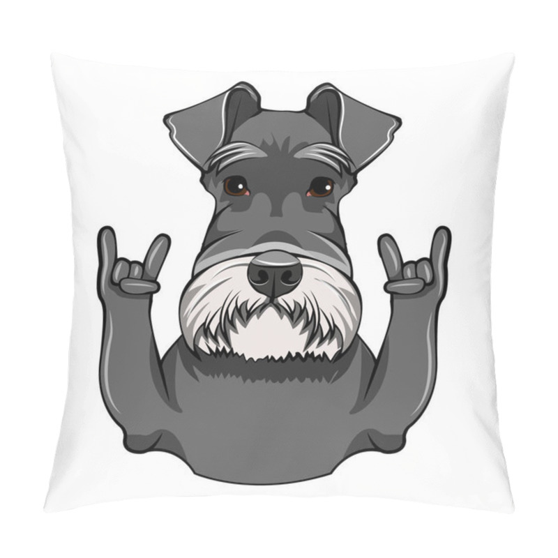 Personality  Schnauzer Dog Portrait. Rock Gesture, Horns. Cute Dog. Schnauzer Breed. Vector. Pillow Covers