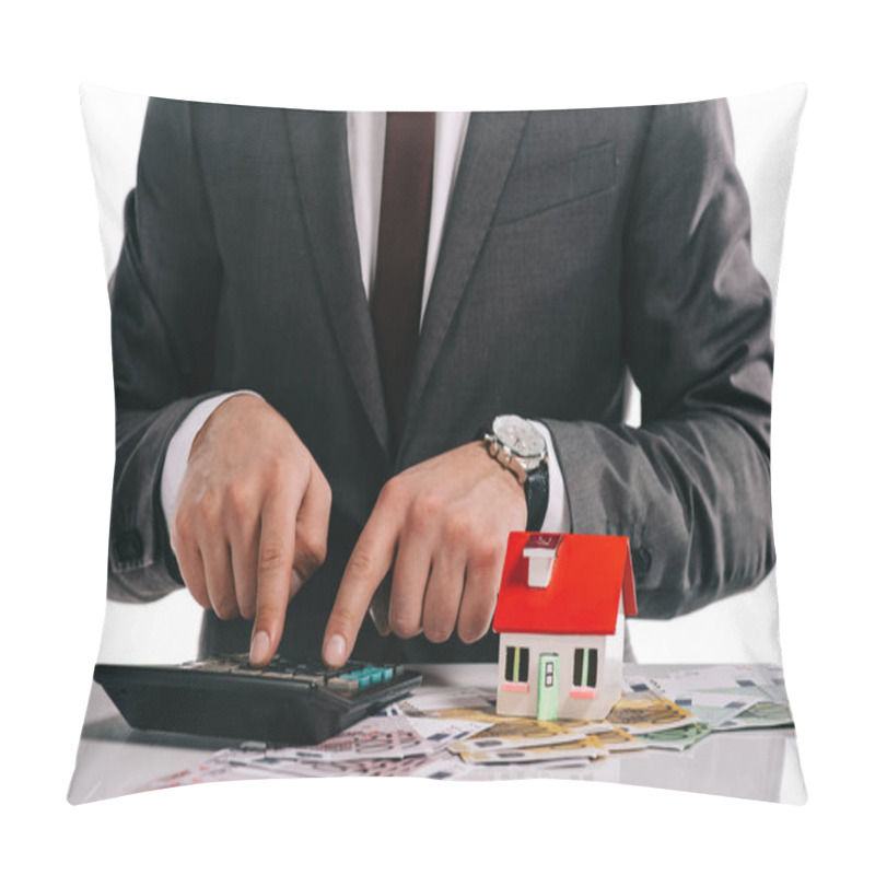 Personality  Cropped View Of Businessman Using Calculator Isolated On White, Mortgage Concept Pillow Covers