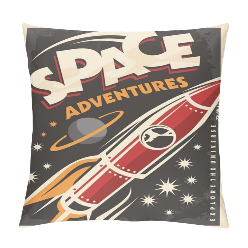 Personality  Space Adventures, Retro Poster With Space Ship Rocket Exploring The Universe. Pillow Covers