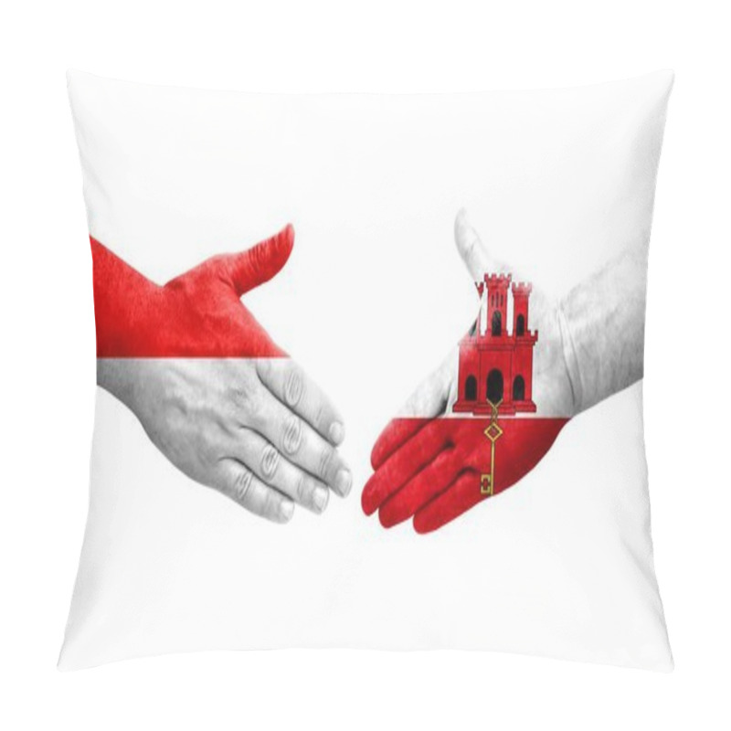 Personality  Handshake Between Gibraltar And Indonesia Flags Painted On Hands, Isolated Transparent Image. Pillow Covers