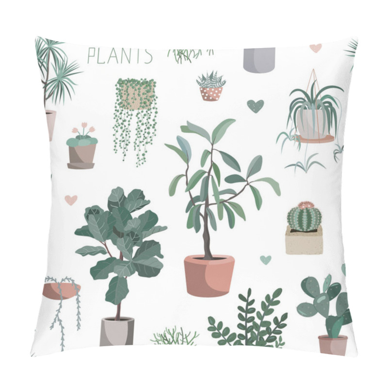 Personality  Cute Houseplants Background. House Indoor Plant Vector Cartoon Doodle Seamless Pattern. Potted Flowers Pillow Covers