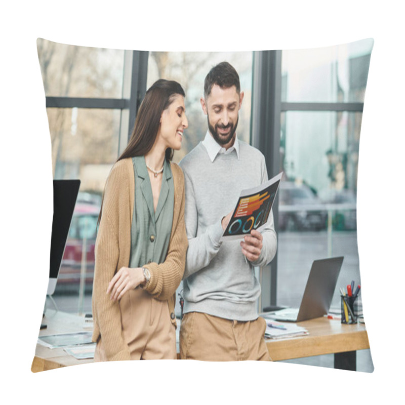 Personality  A Man And A Woman Engrossed In A Chart, Their Minds Captivated By The Words On The Page. Pillow Covers