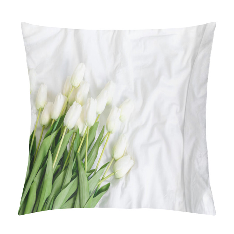 Personality  Fresh White Tulips With Vibrant Green Stems And Leaves Arranged Against A Pristine White Background. The Elegant Spring Flowers Create A Minimalist Composition With Their Pure, Delicate Petals. Pillow Covers