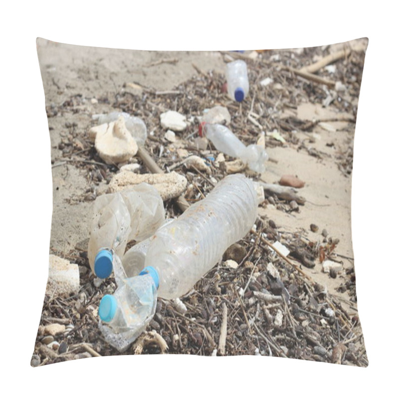 Personality  Plastic Bottles Scattered On The Beach, Washed Up By The Ocean Waves, Highlighting The Pressing Issue Of Marine Pollution And The Impact Of Human Waste On Coastal Environments Pillow Covers