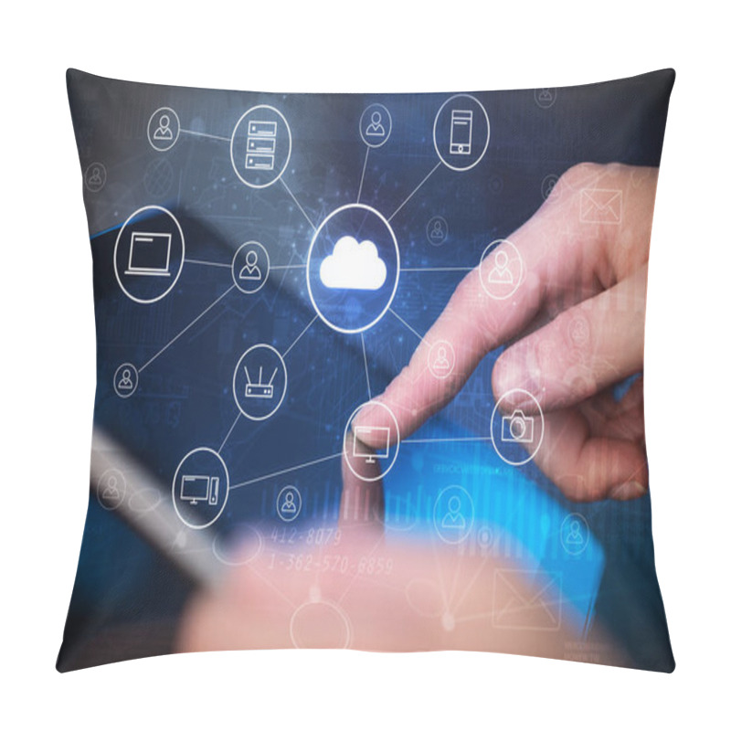 Personality  Hand Working In Tablet Graphs And Charts And Reports Concept Around Pillow Covers