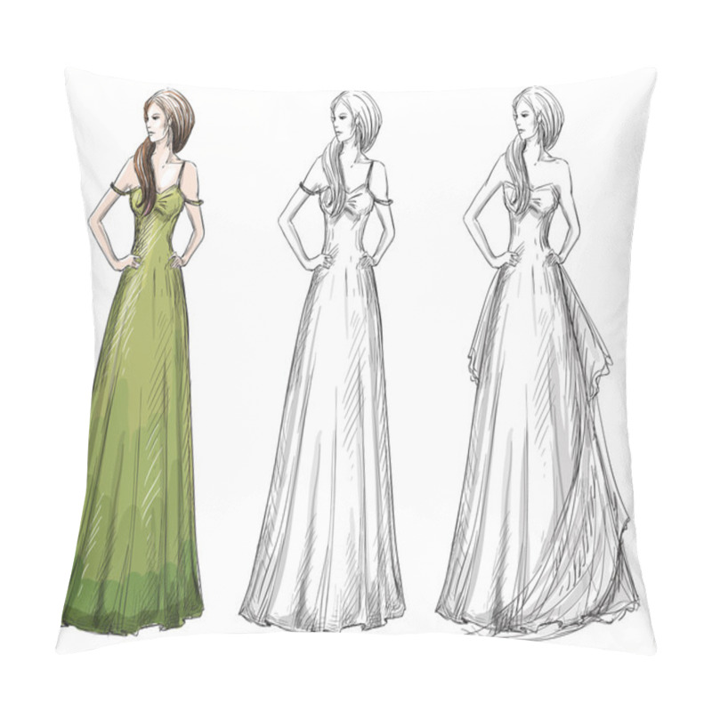 Personality  Fashion Hand Drawn Illustration. Vector Sketch. Long Dress. Pillow Covers