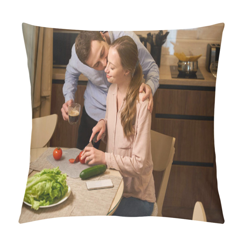 Personality  Pretty Young Lady Making Healthy Breakfast With Vegetables While Husband Drinking Hot Coffee And Kissing Her Pillow Covers