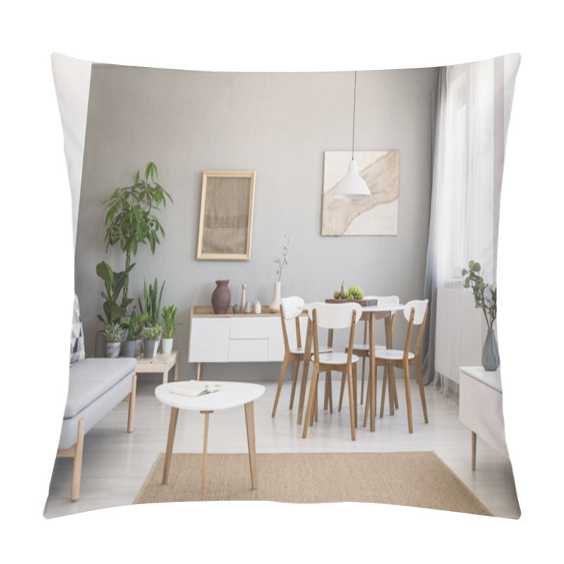 Personality  Real Photo Of A Spacious Dining And Living Room Interior With Wooden Furniture And Plants On A Pedestal Pillow Covers